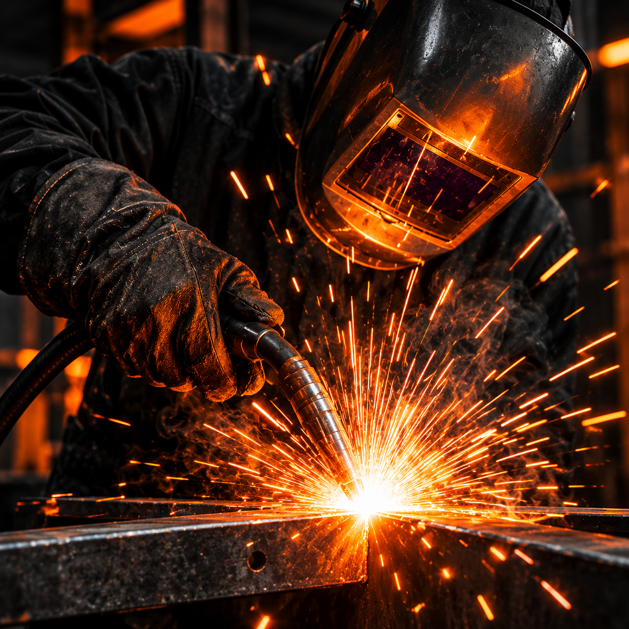 Welder fabricating steel with sparks flying